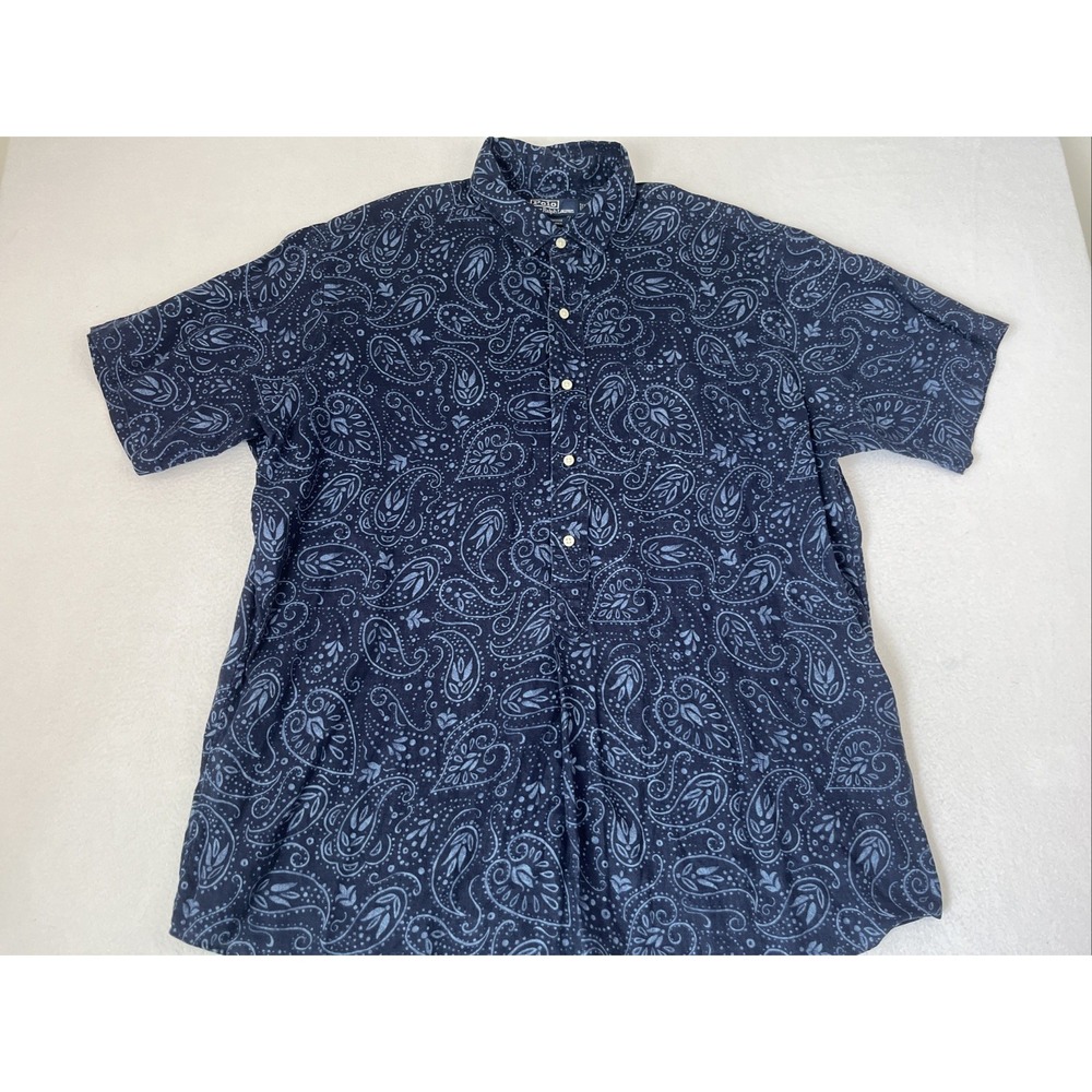 Polo Ralph Lauren Shirt Mens XL Blue 100% Linen Paisley 1/2 Button Cambridge